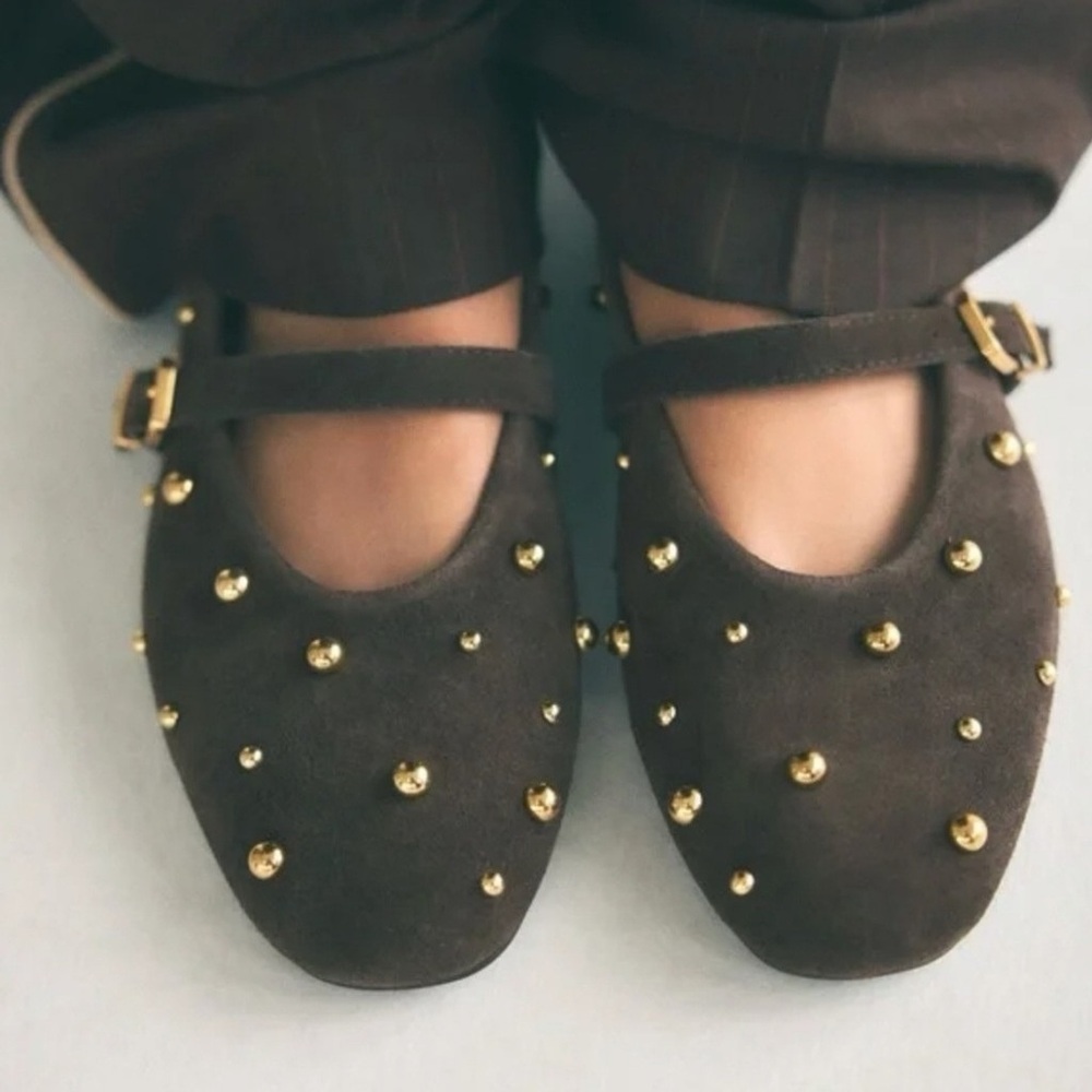 Zara Brown suede gold stud studded Mary Jane flats. Excellent condition! - Picture 6 of 8